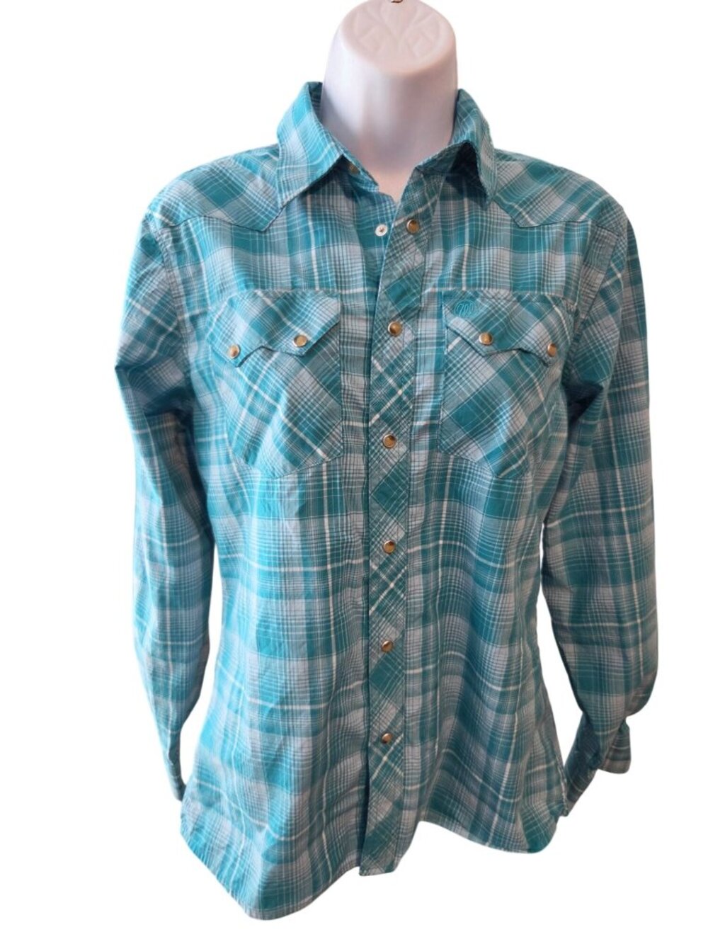 Wrangler Retro Womens XL Turquoise Plaid Pearl Snap Western Shirt Cowgirl Rodeo
